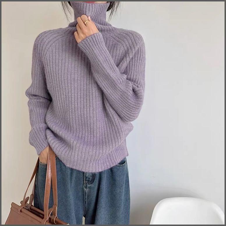 8802 Vertical Striped High-Neck Raccoon Loose Lazy Style Thick Korean Style Winter Long-Sleeve Pullover Knit Sweater 8802 Vertical Striped High-Neck Raccoon Loose Lazy Style Thick Korean Style Winter Long-Sleeve Pullover Knit Sweater
