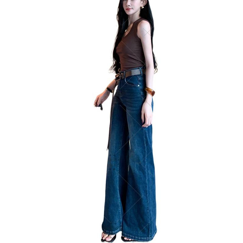 百搭复古不贴腿微喇牛仔裤女2025早秋新款高腰宽松弹力显瘦拖地裤|undefined
