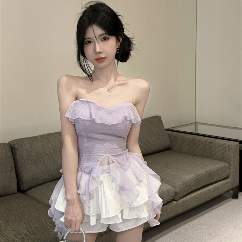 ギャルのファッションセットのハスの葉の辺は腰のシフォンの胸のベストを収めます。|undefined