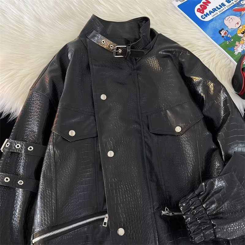 American fashion brand retro crocodile pattern stand collar jacket men's casual all-match hip hop motorcycle jacket