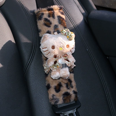 Maillard Leopard Print Hellokitty Plush Car Seat Belt Shoulder Cover Car Interior Decoration Good New Car Gift (Seat belt shoulder pad) - leopard-print-kitty-shoulder-pads