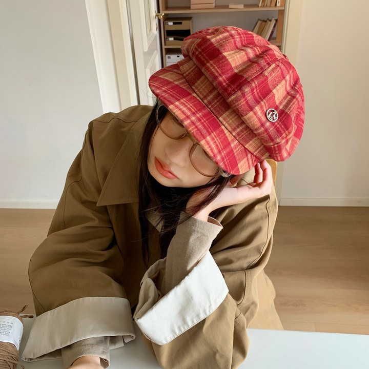 英伦风格子八角帽女秋冬季百搭格纹鸭舌贝雷帽日系休闲复古画家帽|undefined
