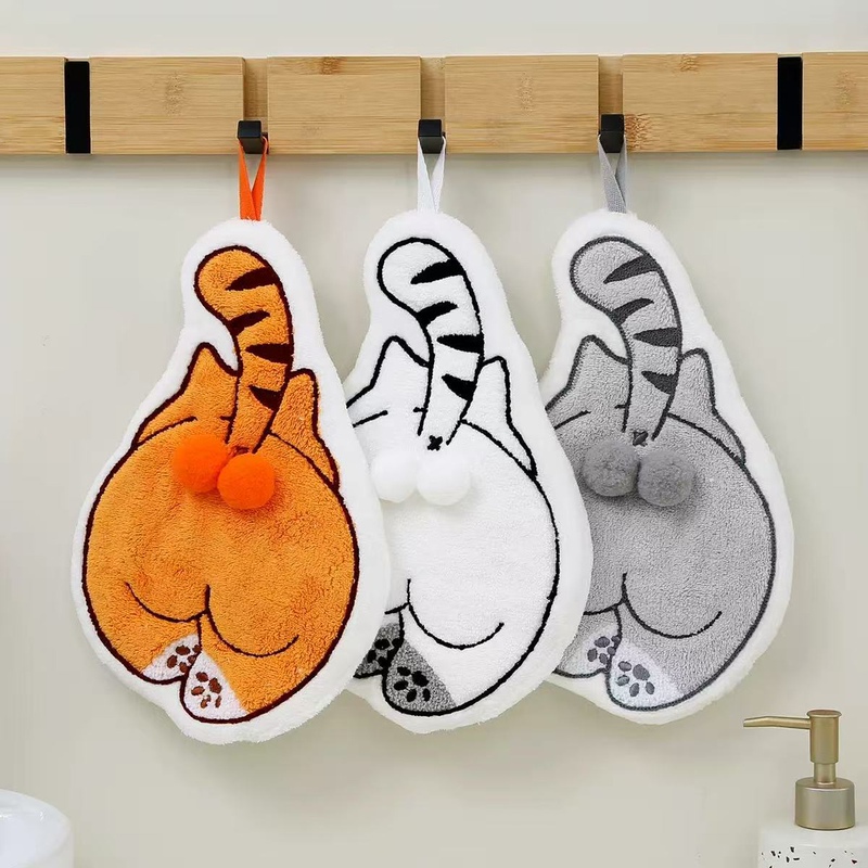 Bathroom Cat-Themed Hanging Hand Towel, Absorbent, Quick-Drying, Cute, Thickened for Kitchen Use