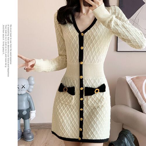 Spring and Autumn New Chanel Style Collar Long-Sleeve Bow Knit Dress with Sensual Waist Cinching Slimming Inner Sweater