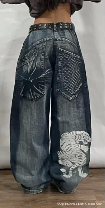 跨境电商JNCO Y2K宽松牛仔裤男士复古刺绣嘻哈街头原宿男士阔腿裤|undefined