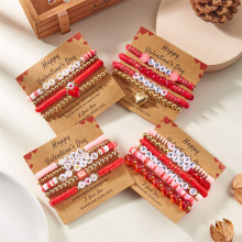 欧美跨境新款软陶串珠弹力手链多层叠戴粉红色爱心吊坠情人节手链