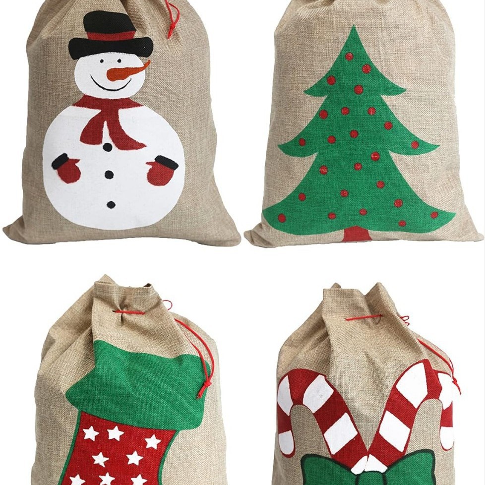 圣诞麻布抽绳礼品袋套装老人雪人中号大号定 制礼品包装袋礼物袋