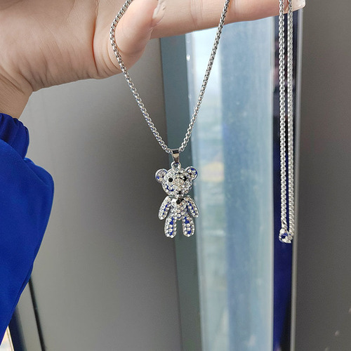 Cute full-diamond bear necklace long style cool trendy brand sweater chain pendant hip-hop personality necklace factory wholesale