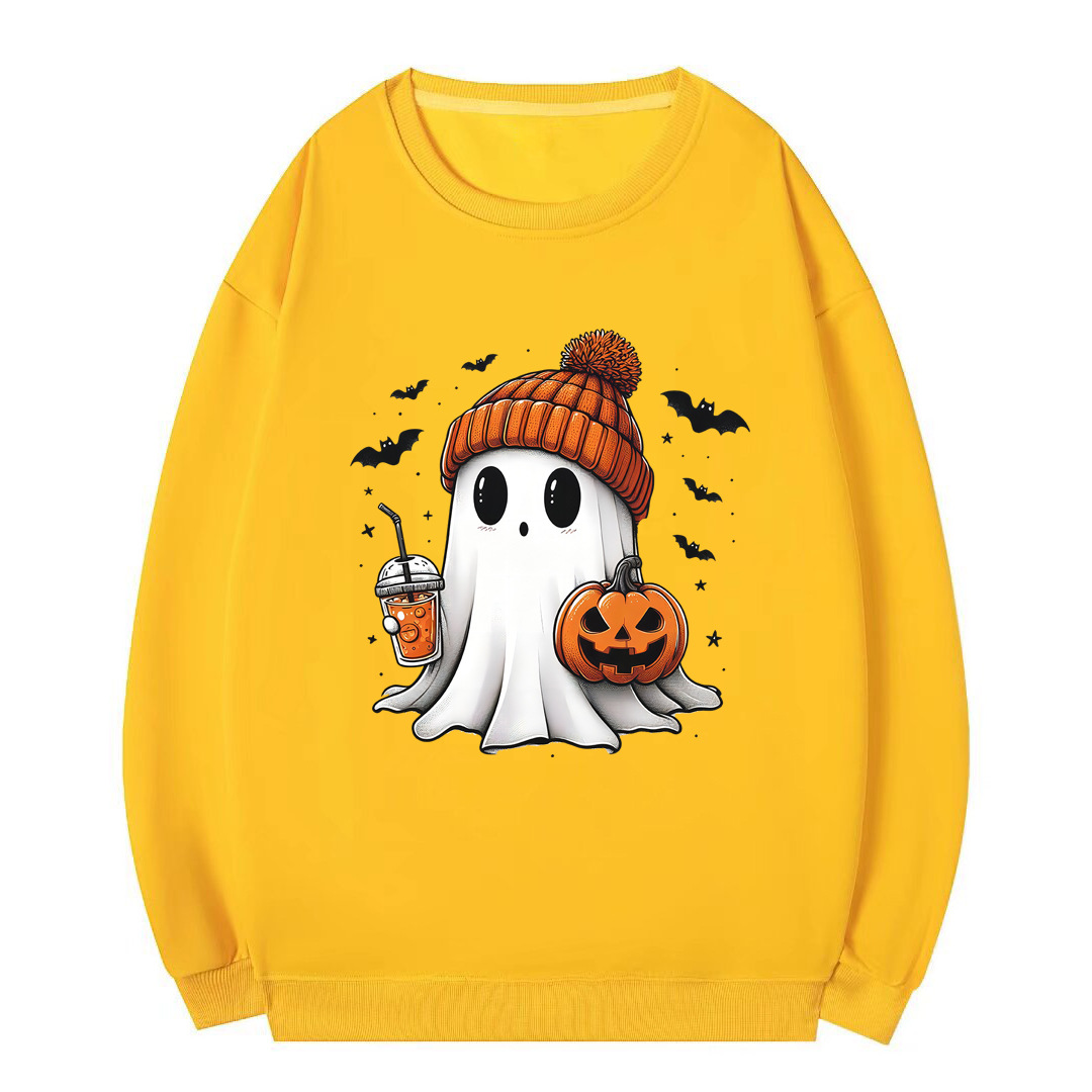 Women's Clothing Round Neck Halloween Sweater Ghost Pumpkin Bat Loose Large Size Terry Sweater Spot_voghion.com