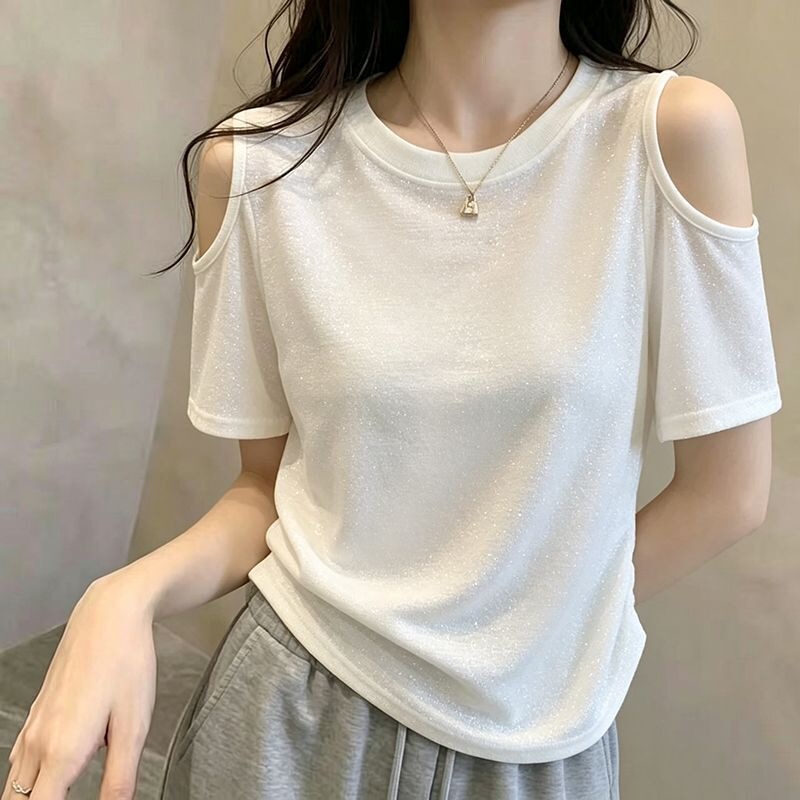 Summer Snowflake Cotton Off-The-Shoulder Short-Sleeved Loose-Fitting White Shirt with Pleated Hem, Versatile for Everyday Wear, with a Touch of Sparkle
