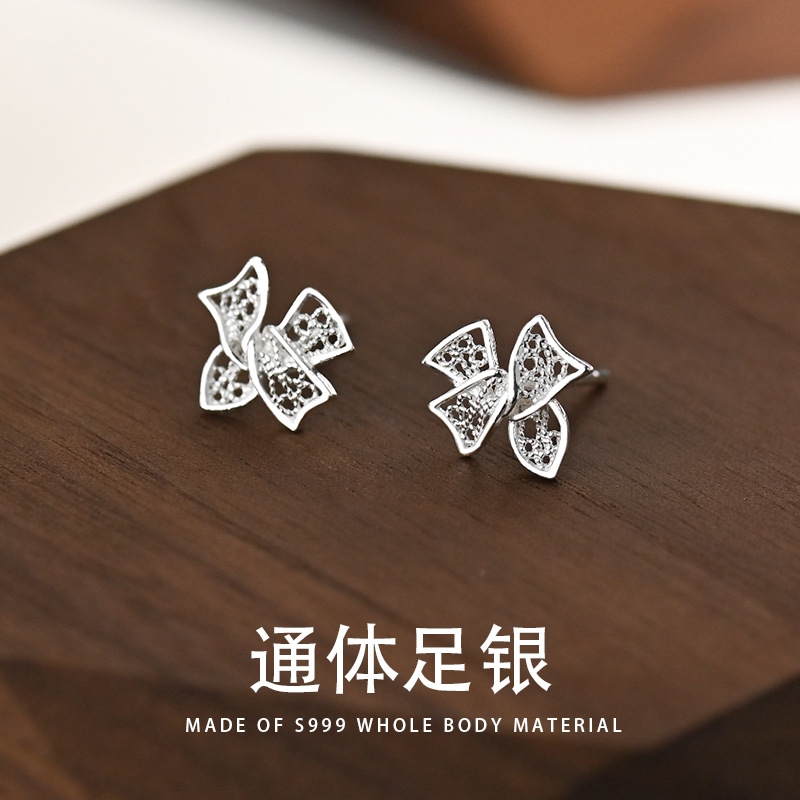 S999足銀鏤空蝴蝶結耳釘2023年新款耳釘甜美小眾設計感耳飾品批發