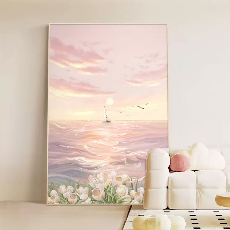 奶油風客廳裝飾畫現代簡約沙發背景牆掛畫海洋落地畫法式玄關壁畫