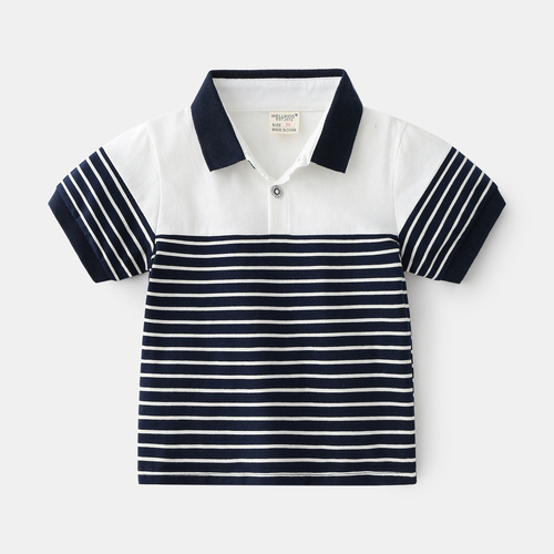 Supply Summer Medium and Small Boys' Cotton Casual Striped Short Sleeve Soft Moisture-Wicking Trendy Short Sleeve