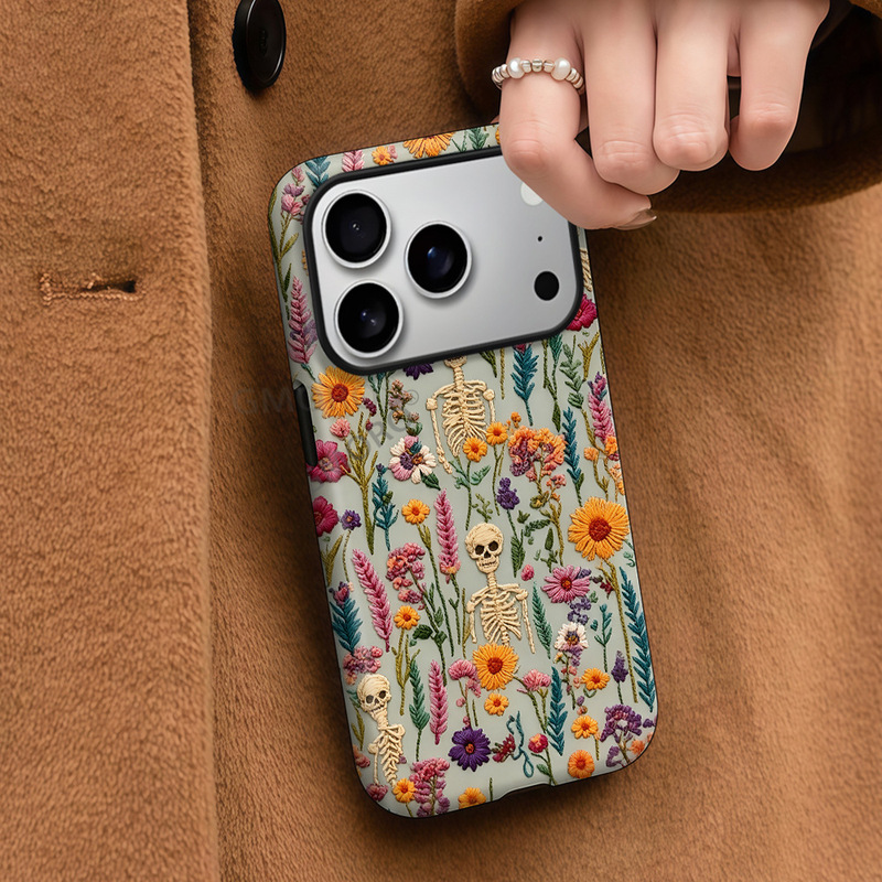 Retro Imitation Embroidery Wildflower Skull Film Phone Case Iphone15 Double-Layer Matte Magnetic Case Apple 18Pro Retro Imitation Embroidery Wildflower Skull Film Phone Case Iphone15 Double-Layer Matte Magnetic Case Apple 18Pro