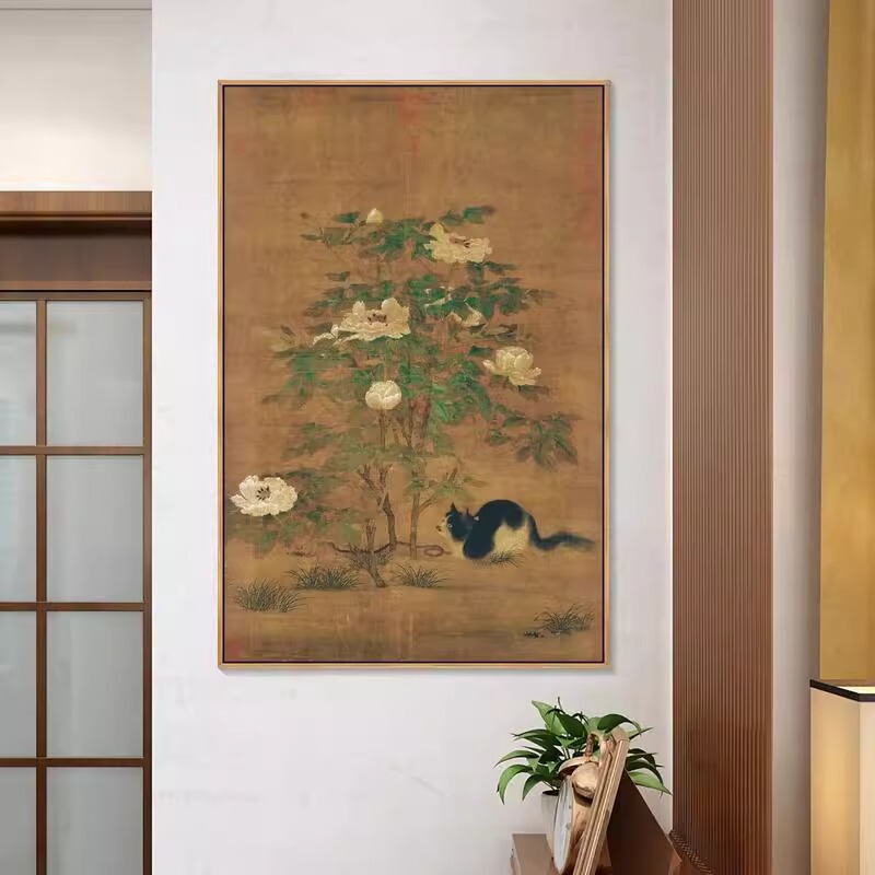 富と花のアライグマの絵画、中世スタイルの猫の装飾画、新しい中国風の書斎、茶室の壁画、レトロな玄関絵画|undefined