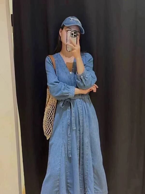 法式小众25年早秋新款复古简约七分袖V领系带中长款牛仔连衣裙女|undefined