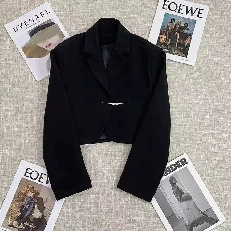 Черный блейзер женский 2025 весна новый корейский стиль повседневный высококачественный однобортный универсальный короткий топ