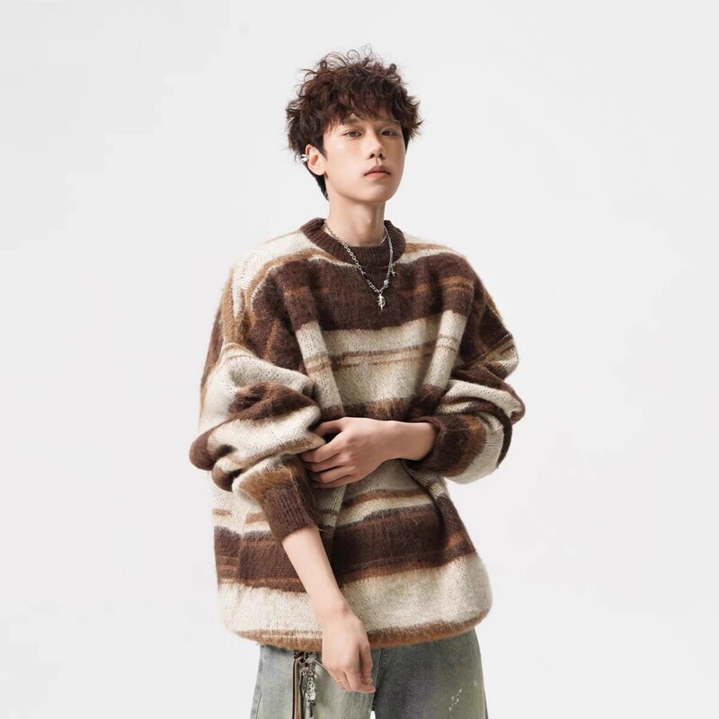 Mohair Round Neck Knitwear for Men and Women in Autumn and Winter Casual Contrasting Stripesd Knitwear Loose and Relaxed Couple Bottoming Shirt