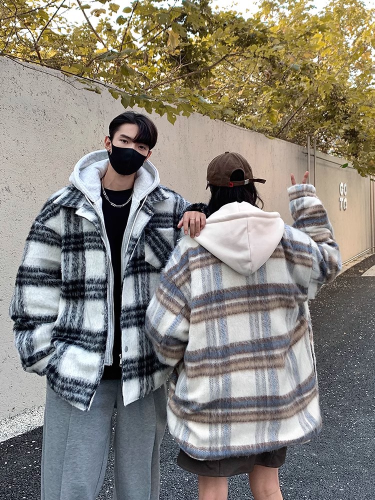 Abrigo a cuadros de dos piezas falso americano para hombres, otoño e invierno, nueva marea nacional, chaqueta acolchada de algodón con capucha de lana retro gruesa y cálida