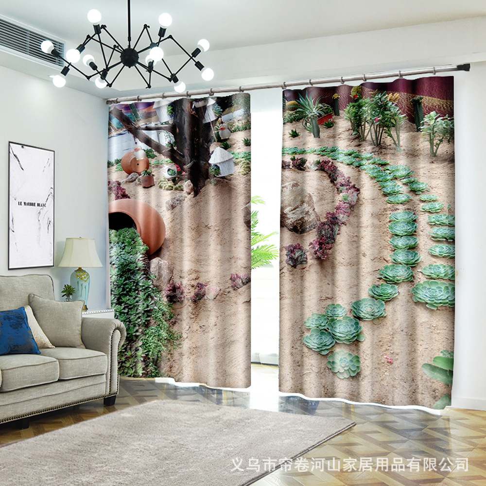 跨鏡專供北歐風來圖3D數碼印花綠色植物花園窗簾客廳來圖亞馬遜