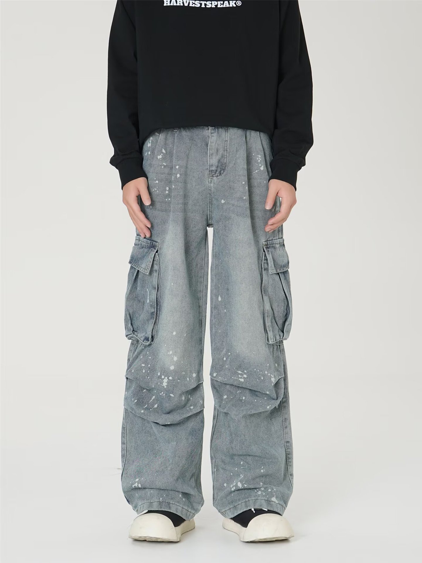 Vintage Cargo Jeans für Herren – Distressed Multi-Pocket Streetwear Hose mit Farbspritzern & Oversized Fit (S-XXXL) – Grunge Revival Essential_voghion.com