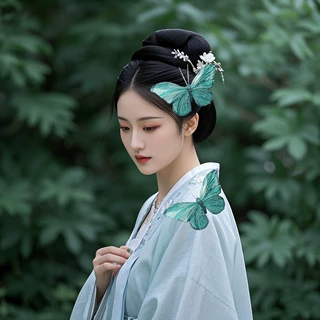 湖蓝色闪粉轻奢 羽毛蝴蝶仿真蝴蝶花艺簪娘新娘发饰【帝芙尼蓝】