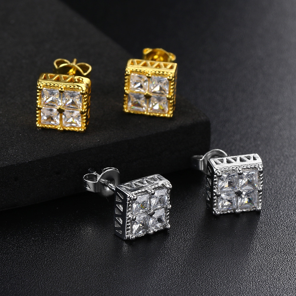 5g Weight Zircon Inlay Material 1 Pair Hip-hop Square Plating Inlay Copper Zircon Ear Studs