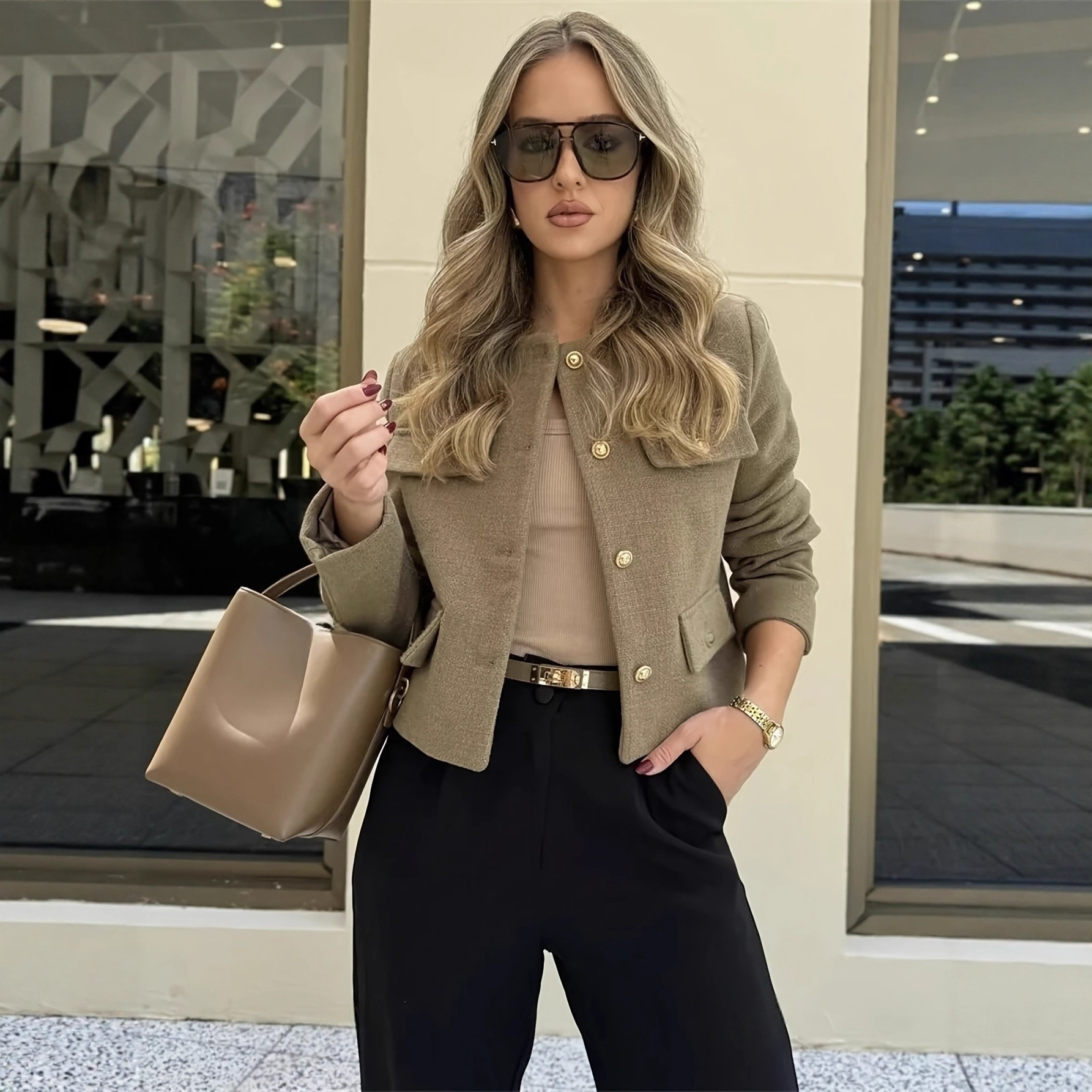 Women’s Cropped Blazer Jacket – Oversized Tweed Coat With Shoulder Pads (S-XL, Polyester, Beige)_voghion.com