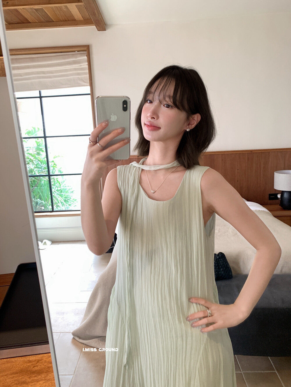 Đầm maxi nữ không tay chất liệu Tencel phong cách nghỉ dưỡng Hàn Quốc — trắng sữa, Bột cam, xanh lá cây chi tiết 11