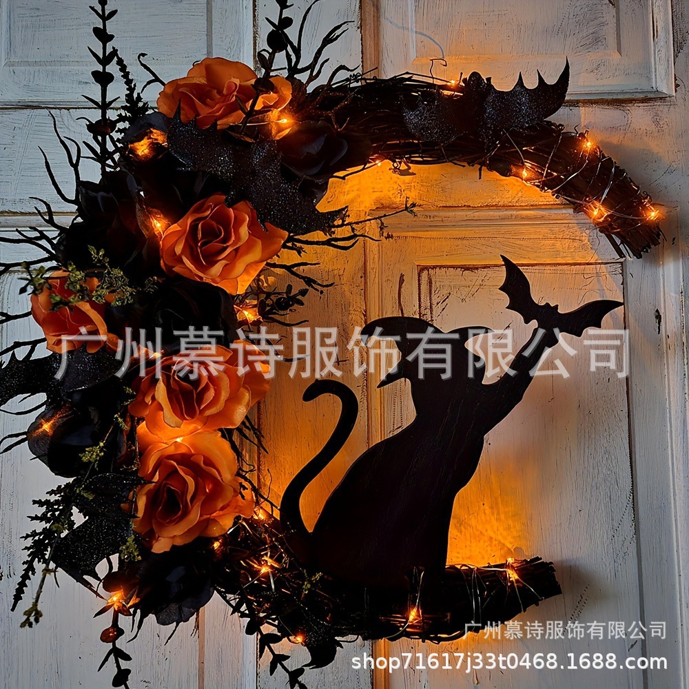 跨境万圣节花环月亮猫2星星猫花圈吊坠家居装饰Halloween Wreath