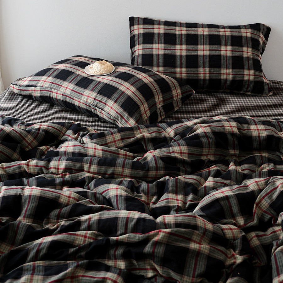 Vintage British Plaid Cotton Double-layer Gauze Four-piece Set_voghion.com