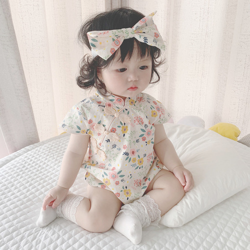 0-2 years old baby thin summer 2024 new girl baby retro floral cheongsam with headband for outdoor wear