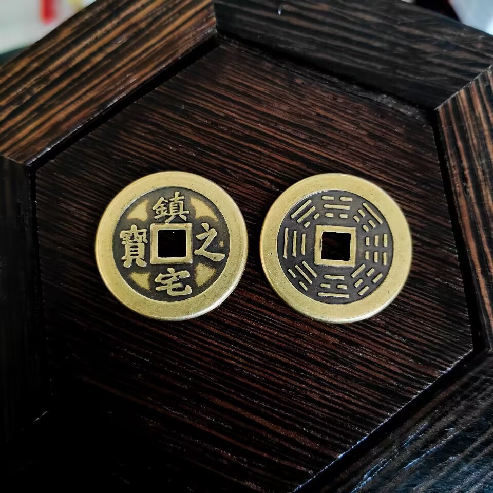 铜加厚款25cm直径铜钱黄铜过门仿古五帝红绳门槛摆件黄铜材质