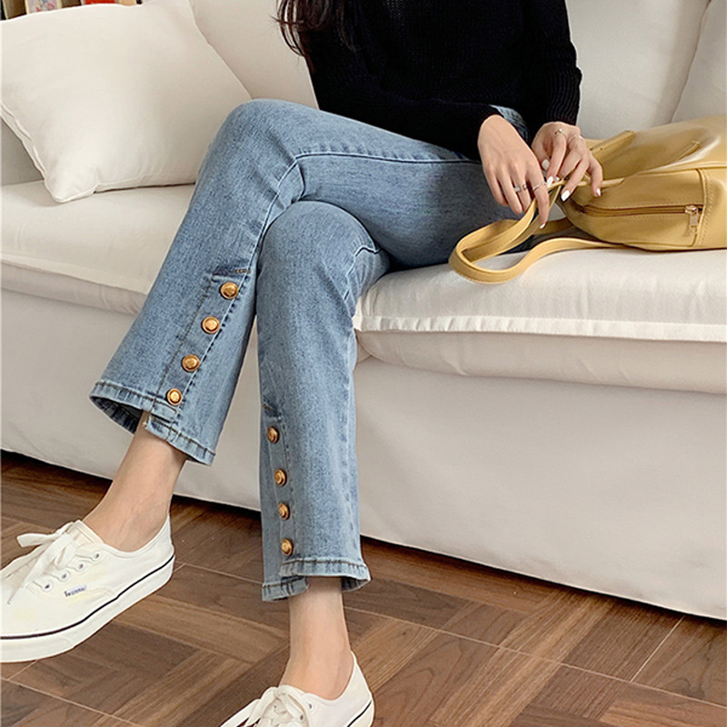 Plus Size Women's Slit Straight-Leg Jeans 2025 Spring and Autumn New Versatile Button High-Waisted Slimming Pants Trendy