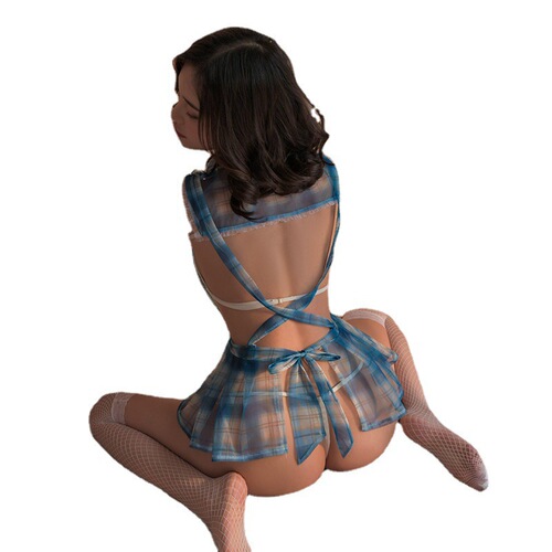Sexy lingerie mesh jk uniform suit hot girl summer thin suspender plaid college cos women's see-through sailor suit