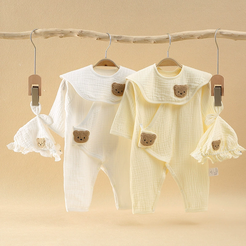 Комбинезон для новорожденных Летний марлевый комбинезон из чистого хлопка класса A, колпачок с лепестками, нагрудник, тонкий дышащий, длительный подъем