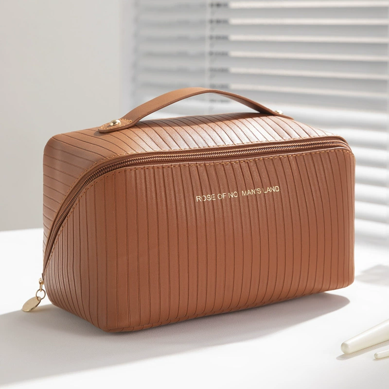 Cosmetic bag pillow organizer, PU leather, roomy travel handheld shoulder pouch