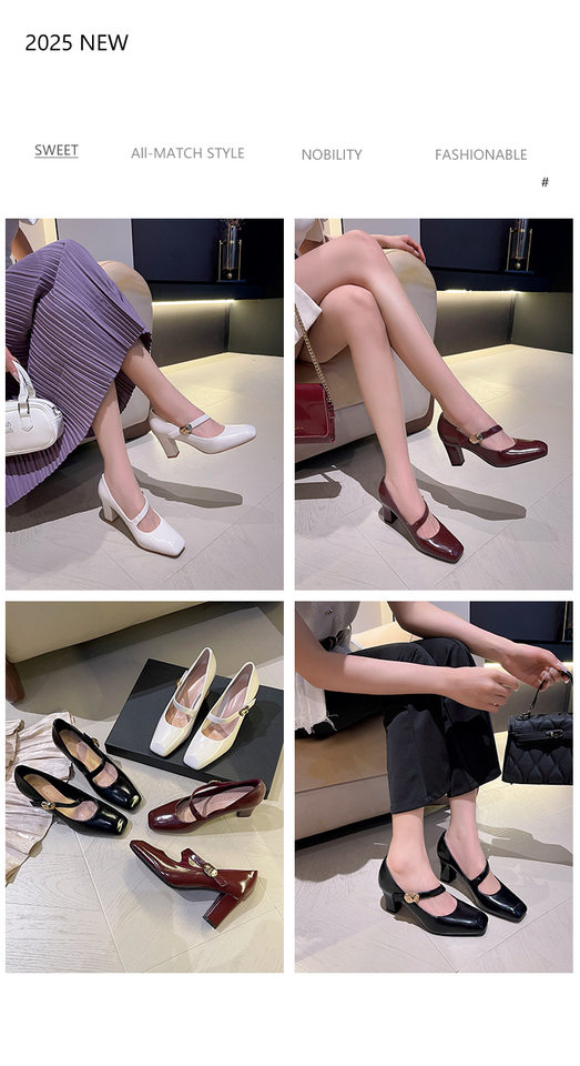 Giày cao gót nữ mũi vuông quai ngang khóa cài gót dày 6–8 cm — Màu trắng nhạt, rượu vang đỏ, đen chi tiết 2