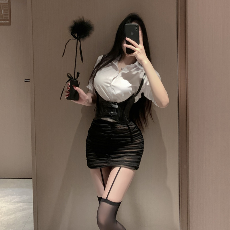 Uniform temptation white shirt Secretary style hot girl long sleeve bottoming top mesh sheath patent leather skirt Uniform temptation white shirt Secretary style hot girl long sleeve bottoming top mesh sheath patent leather skirt
