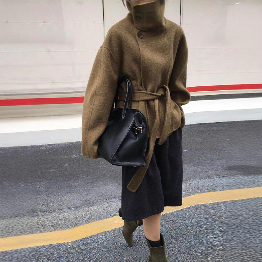 Cross-Border Amazon Aliexpress 2025 Autumn and Winter High-Neck Fashion Loose Double-Sided Woolen Coat with Lace-Up Retro Style