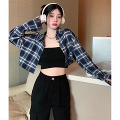 格子シャツ女装秋冬ギャル香港風高腰ショートタイプ日焼け止めシャツコート黒長袖上着