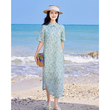 苎麻印花连衣裙女夏款2022年新款旅行文艺女装 中袖显瘦长裙子