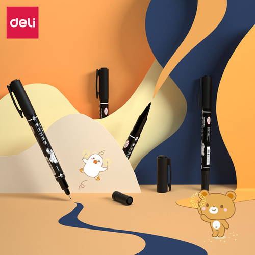 Wholesale Deli S563 double-headed art hook pen black fine-headed thick-headed large-headed marker pen wholesale marker pen