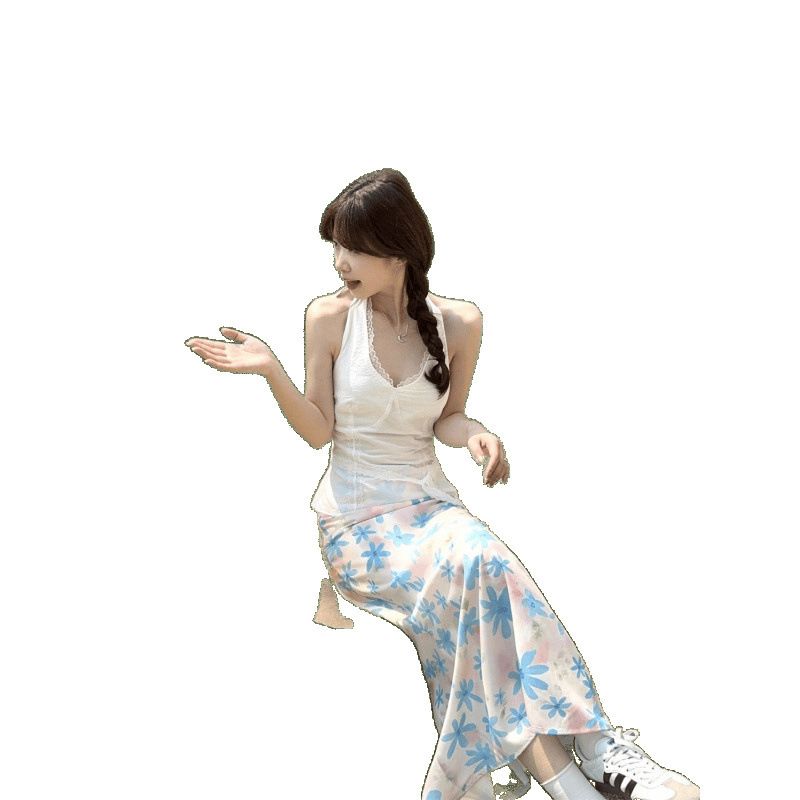 海边度假穿搭套装甜辣妹蕾丝挂脖吊带上衣女夏季碎花半身裙两件套|undefined