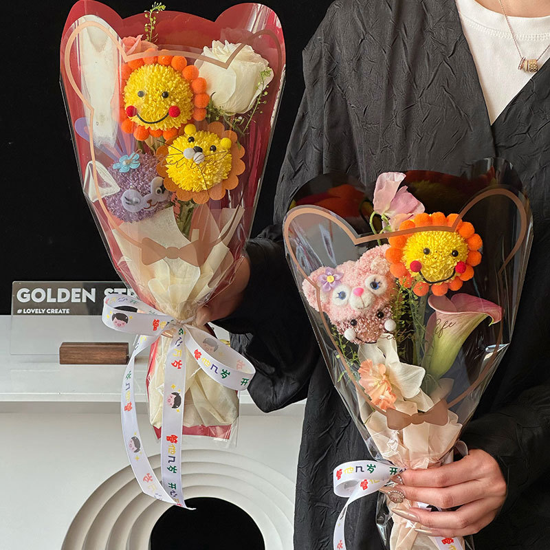 Huaxi Teddy Bear bolsas de papel de embalaje de flores impermeable cartón de dibujos animados bolsas de flores DIY material floral al por mayor