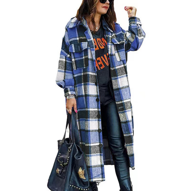 Women's Vintage Style Plaid Printing Pocket Single Breasted Blouse Coat display picture 3