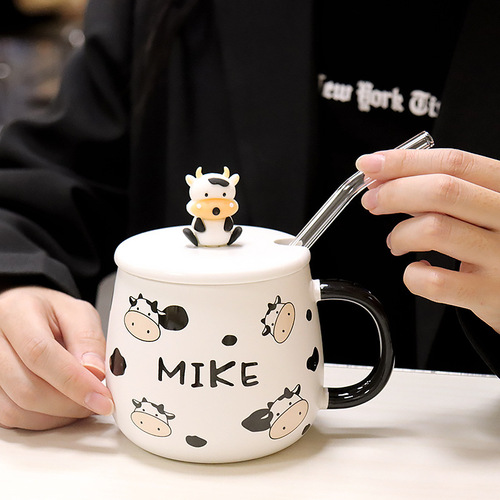 Cute milk cup with lid, spoon, good-looking mug, student couple cup, creative cow ceramic cup, coffee cup