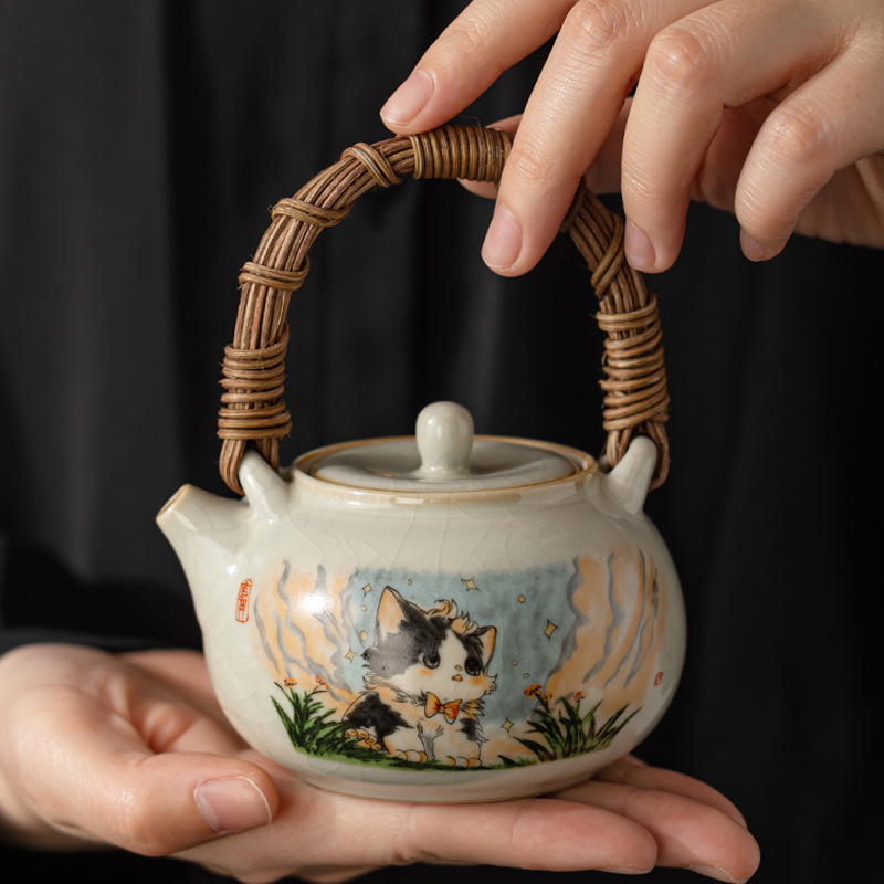 汝窑提梁壶家用高档功夫茶具高颜值泡茶器开片可养泡茶壶茶杯套装