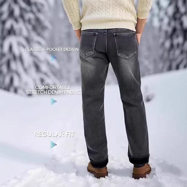 Fleece-Lined Jeans for Men, Regular Fit, Vintage Style, Long Pants, Winter Warm Flannel Lining Fleece-Lined Jeans for Men, Regular Fit, Vintage Style, Long Pants, Winter Warm Flannel Lining