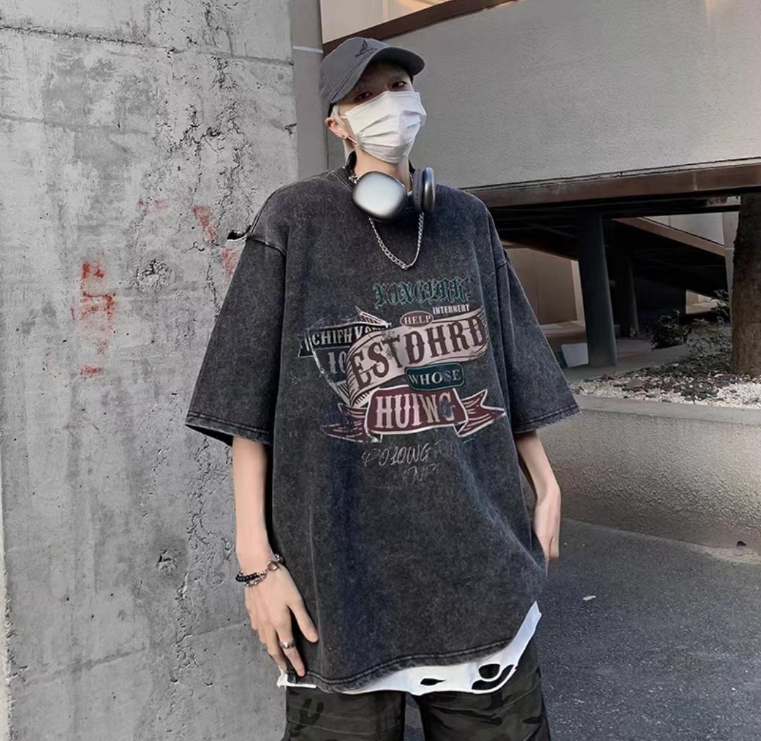 Camiseta de manga corta de algodón puro desgastado lavado retro americano para hombre, camiseta de media manga de marca holgada informal de verano para hombre